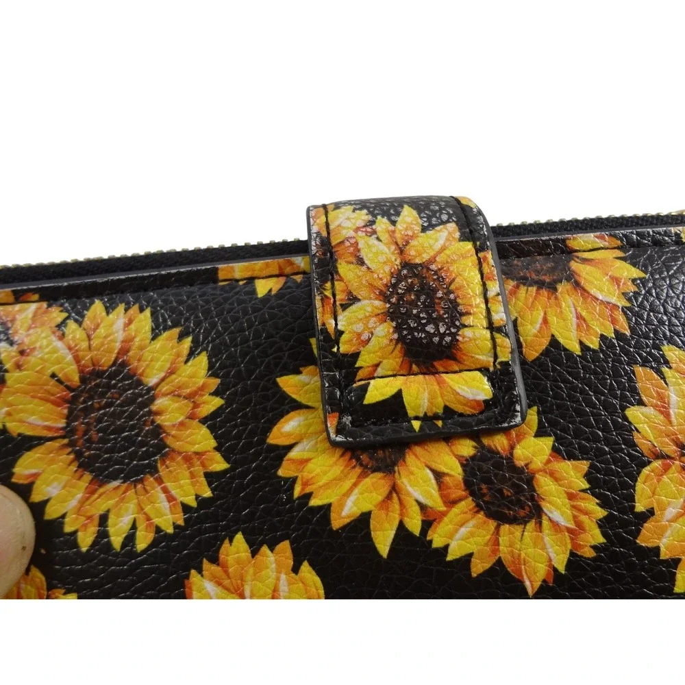 Sunflower Print Slim Bifold Wallet Black Yellow Faux Leather Dual‎ Zip Organizer